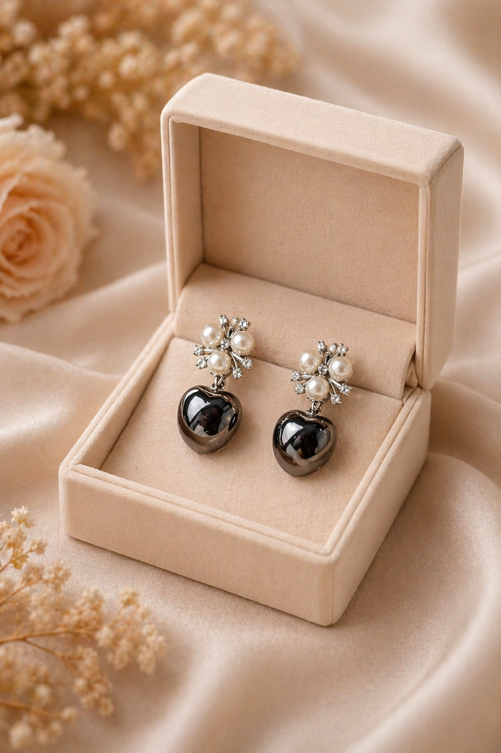 Vintage Pearl & Black Drop Earrings – Elegant Floral Statement Jewelry