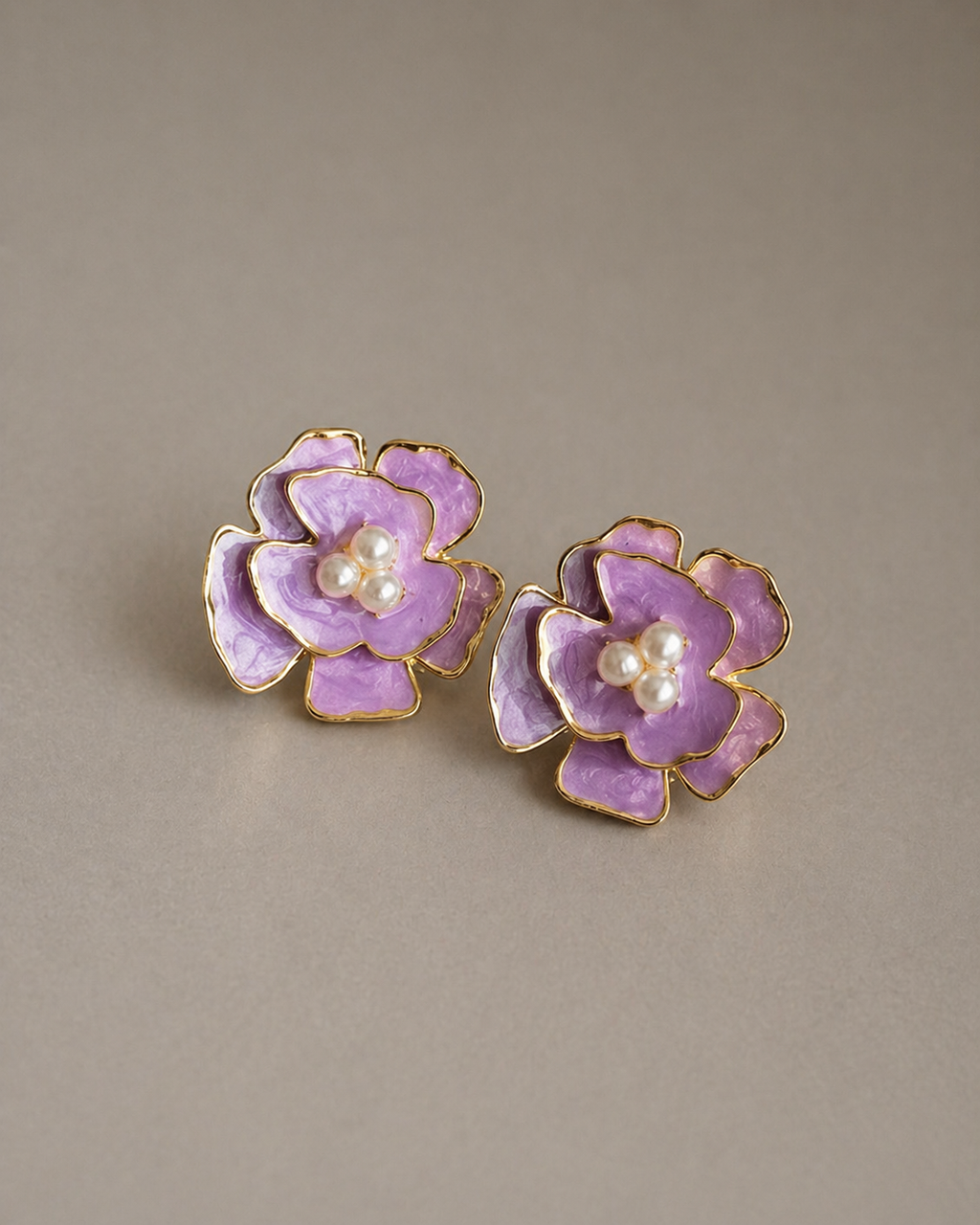 Lavender Floral Stud Earrings with Pearl | Gold Plated Enamel Flower Earrings for Women | Elegant Minimal Jewelry