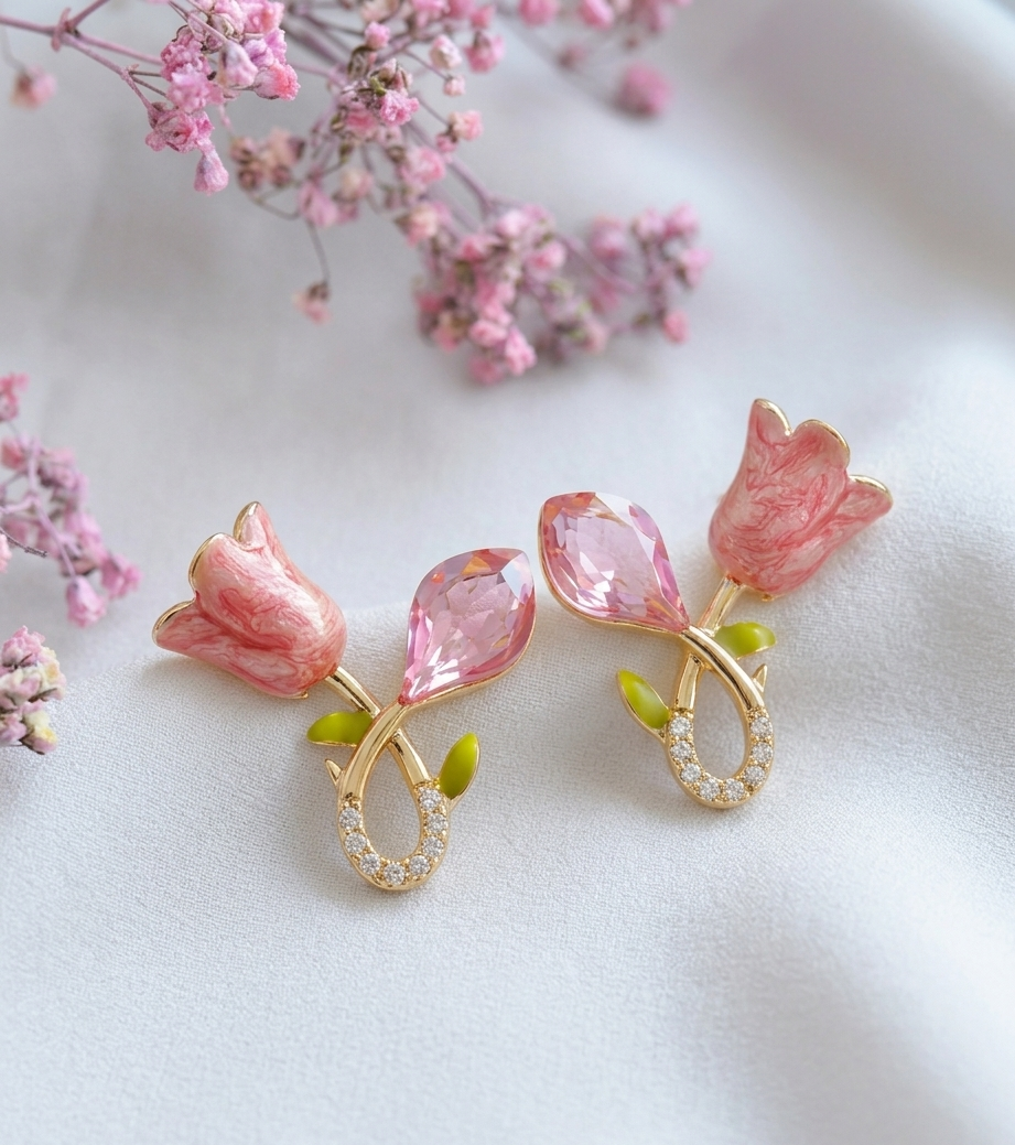 Pink Floral Crystal Earrings for Women | Gold Plated Elegant Flower Studs | Trendy Lightweight Jewelry