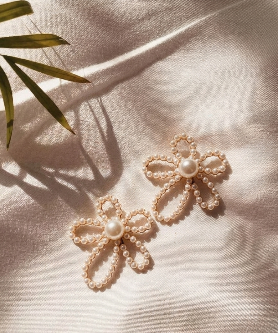 Pearl Flower Earrings for Women | Elegant Beaded Ribbon Design | Cute Minimal Party Jewelry