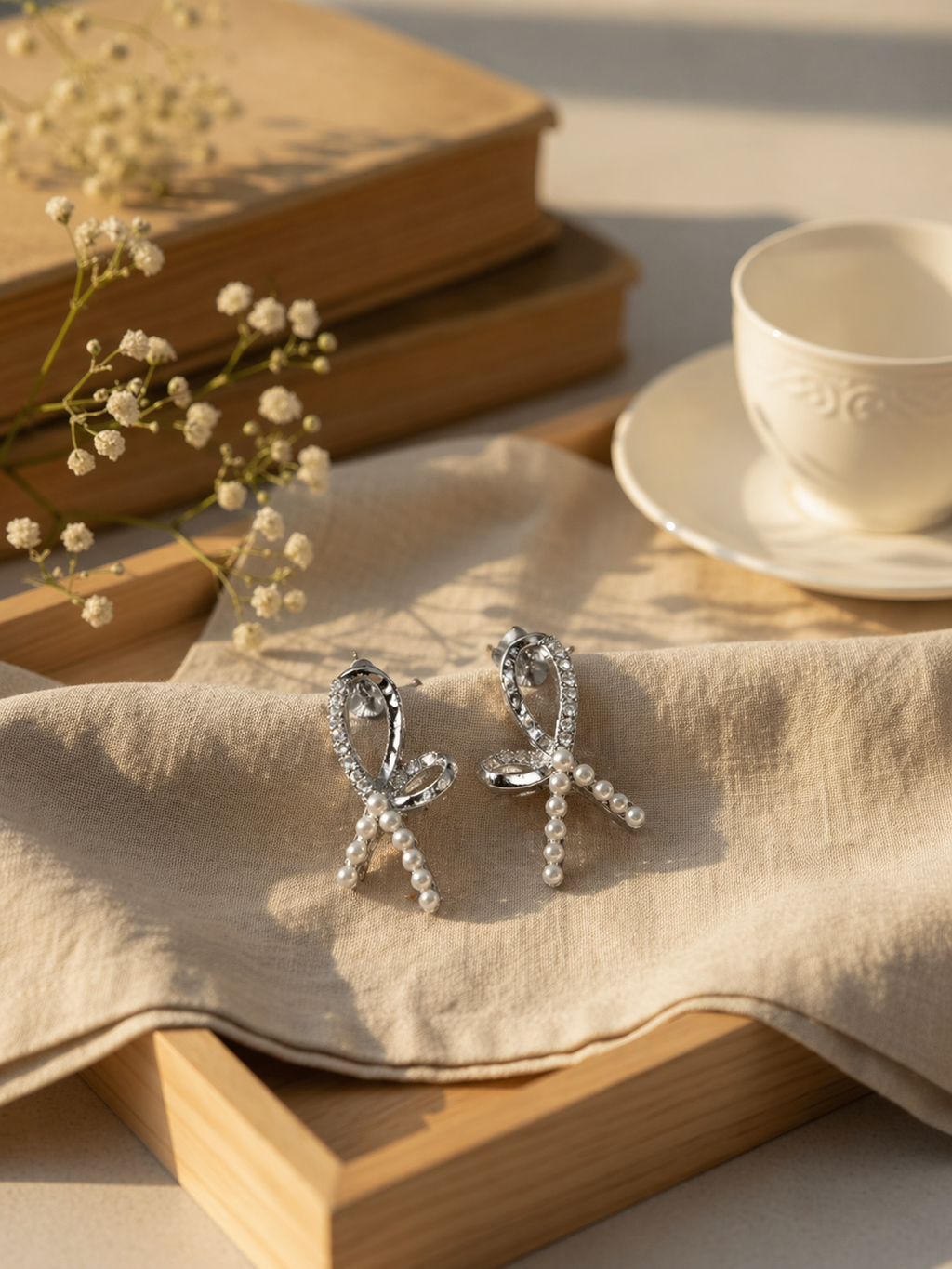 Crystal Bow Pearl Drop Earrings – Elegant Silver Ribbon Design Jewelry