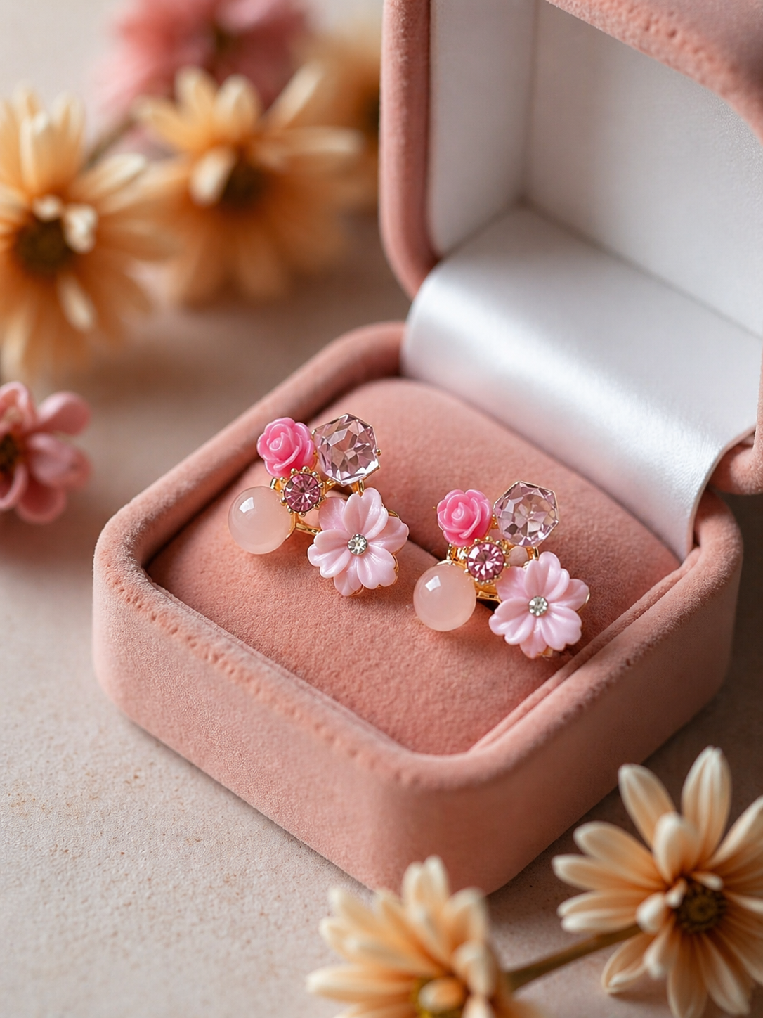 Pink Floral Crystal Stud Earrings for Women | Cute Rose & Daisy Design | Gold Plated Trendy Jewelry