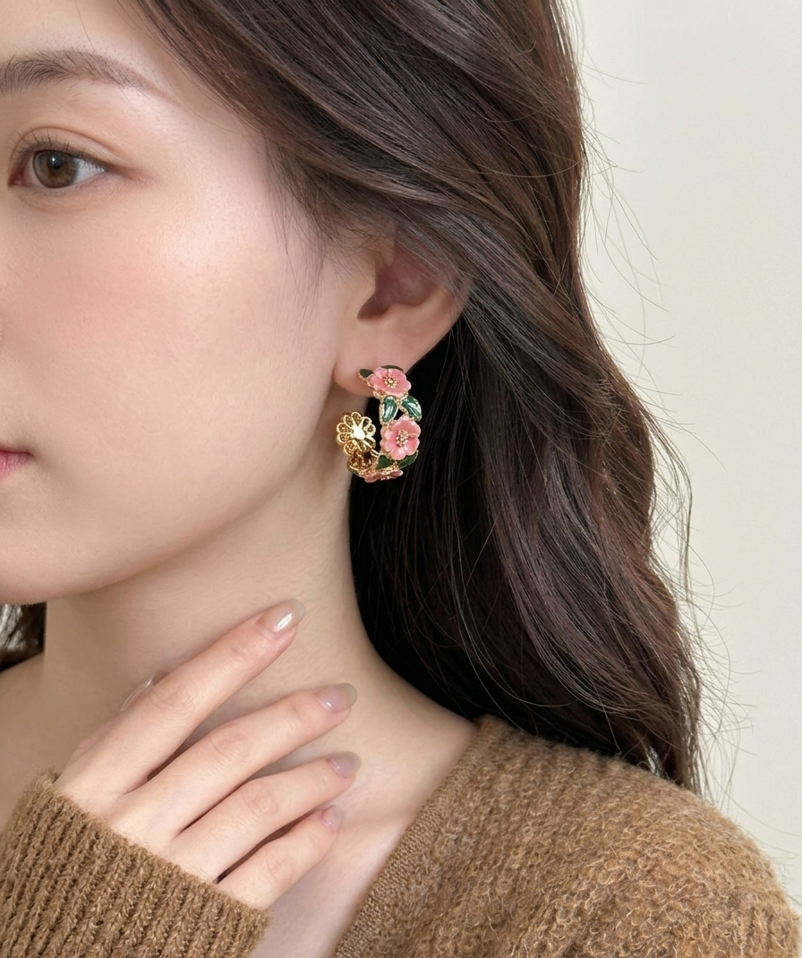 Pink Floral Hoop Earrings for Women | Gold Plated Enamel Flower Hoops | Elegant Nature-Inspired Jewelry