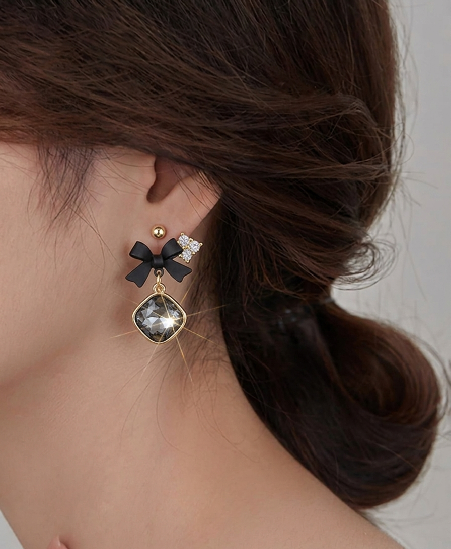 Black Bow Crystal Drop Earrings for Women | Gold Plated Square Stone Dangle Earrings | Elegant Party Jewelry