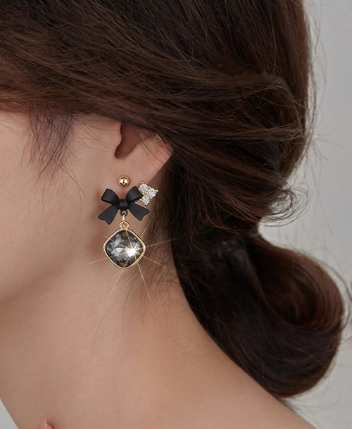 Black Bow Crystal Drop Earrings for Women | Gold Plated Square Stone Dangle Earrings | Elegant Party Jewelry