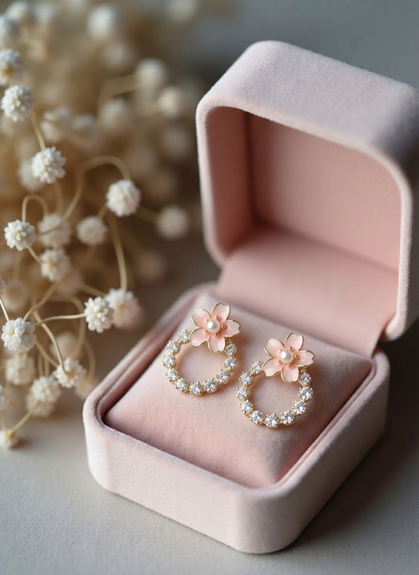 Elegant Pink Flower Crystal Earrings for Women | Gold Plated Korean Style Pearl Earrings