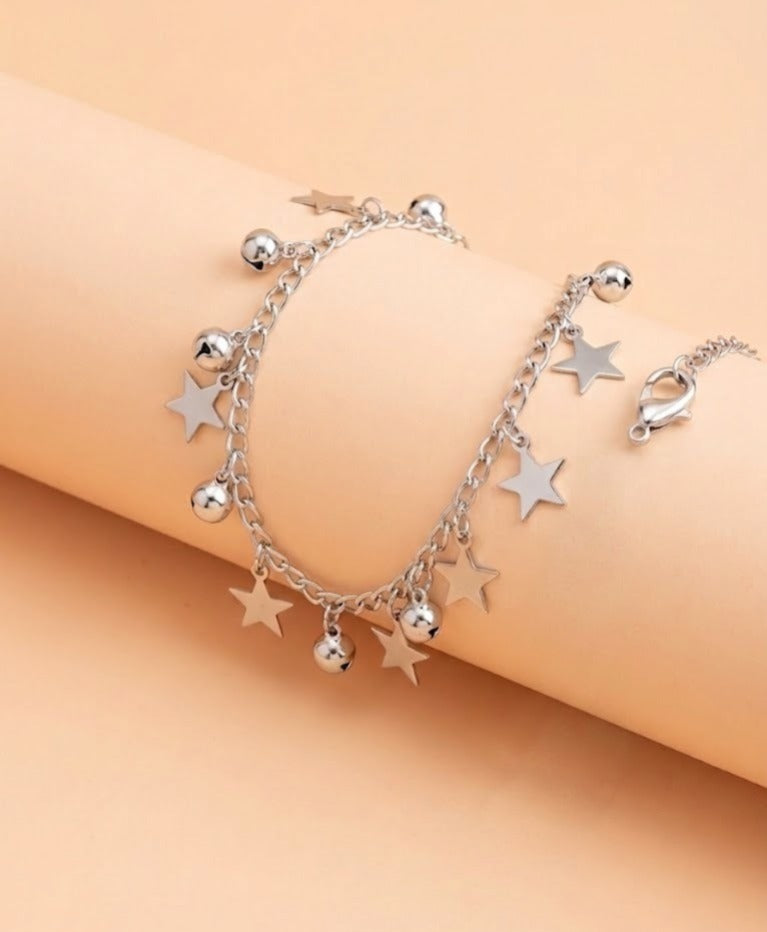 Silver Star Charm Bracelet – Minimalist Dangle Bead Chain Jewelry