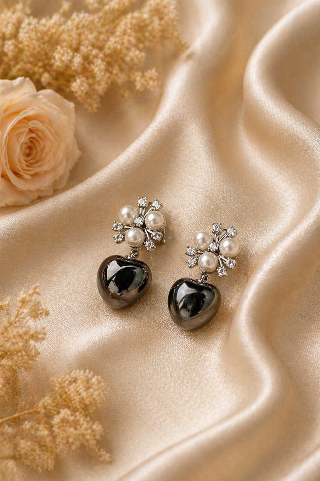 Vintage Pearl & Black Drop Earrings – Elegant Floral Statement Jewelry