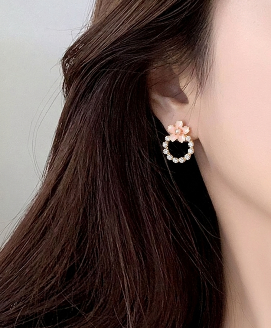 Elegant Pink Flower Crystal Earrings for Women | Gold Plated Korean Style Pearl Earrings