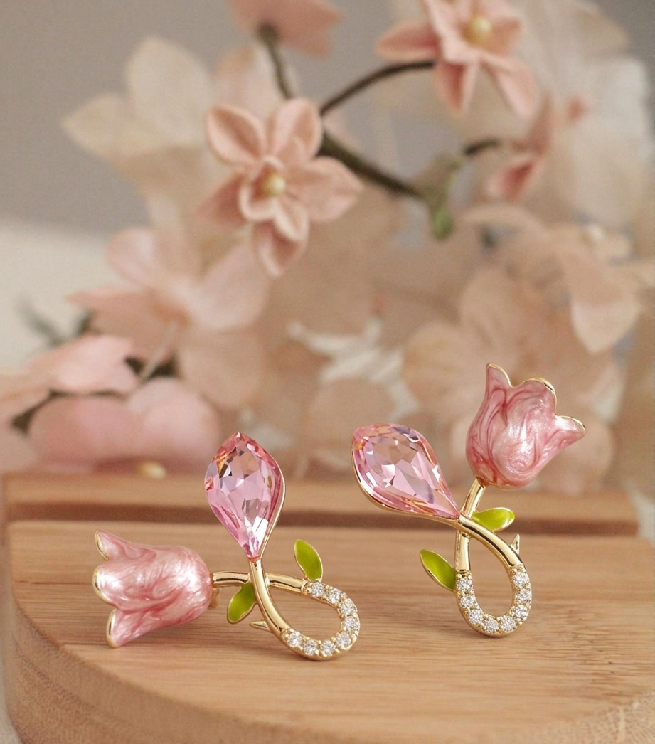 Pink Floral Crystal Earrings for Women | Gold Plated Elegant Flower Studs | Trendy Lightweight Jewelry