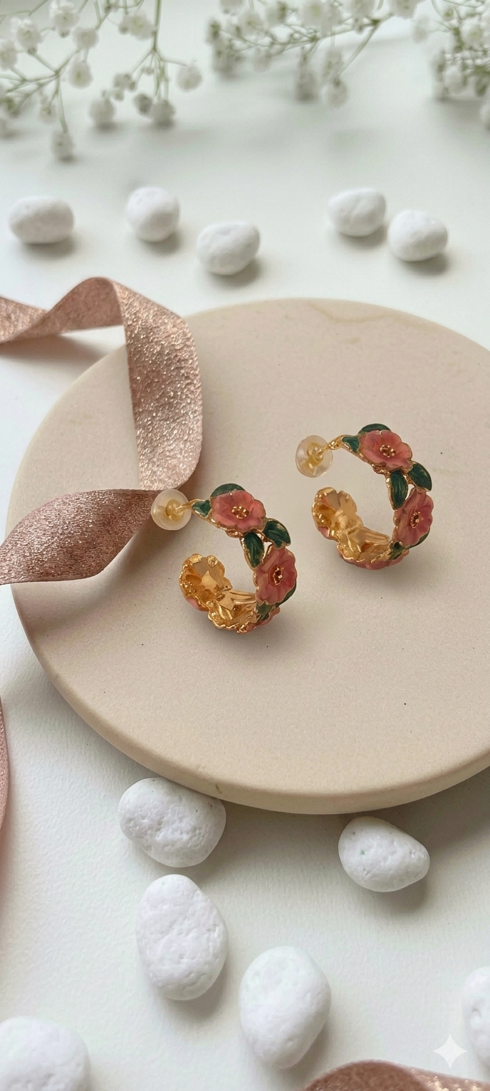 Pink Floral Hoop Earrings for Women | Gold Plated Enamel Flower Hoops | Elegant Nature-Inspired Jewelry