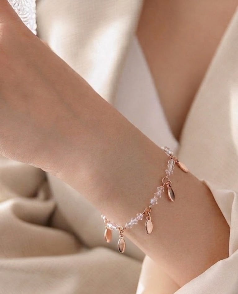 Rose Gold Crystal Charm Bracelet – Elegant Beaded Chain with Dangle Accents