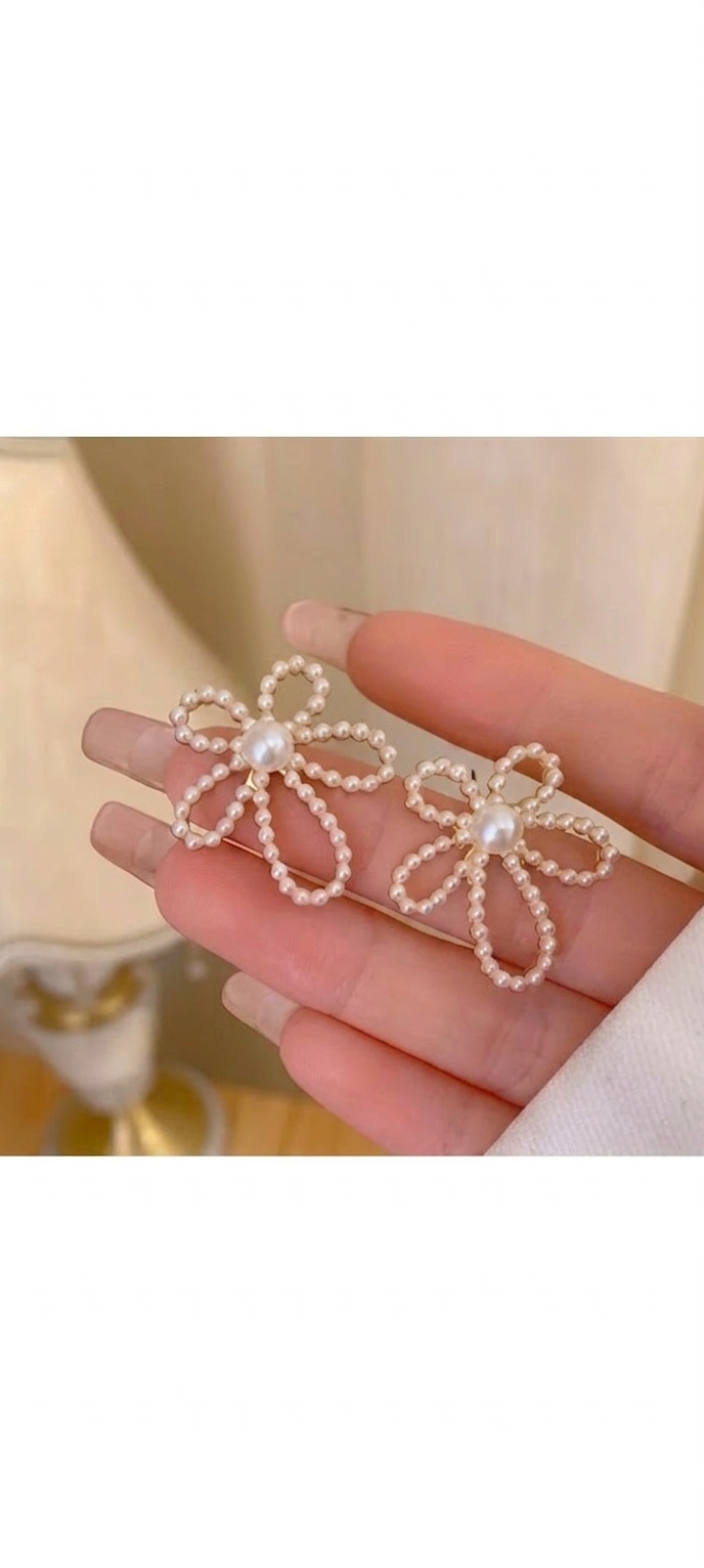 Pearl Flower Earrings for Women | Elegant Beaded Ribbon Design | Cute Minimal Party Jewelry