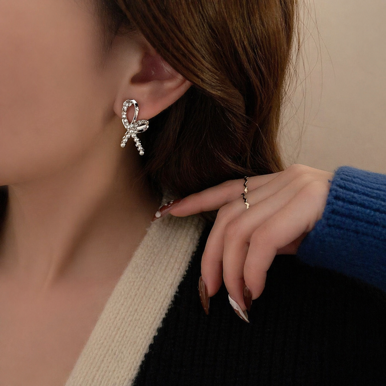 Crystal Bow Pearl Drop Earrings – Elegant Silver Ribbon Design Jewelry