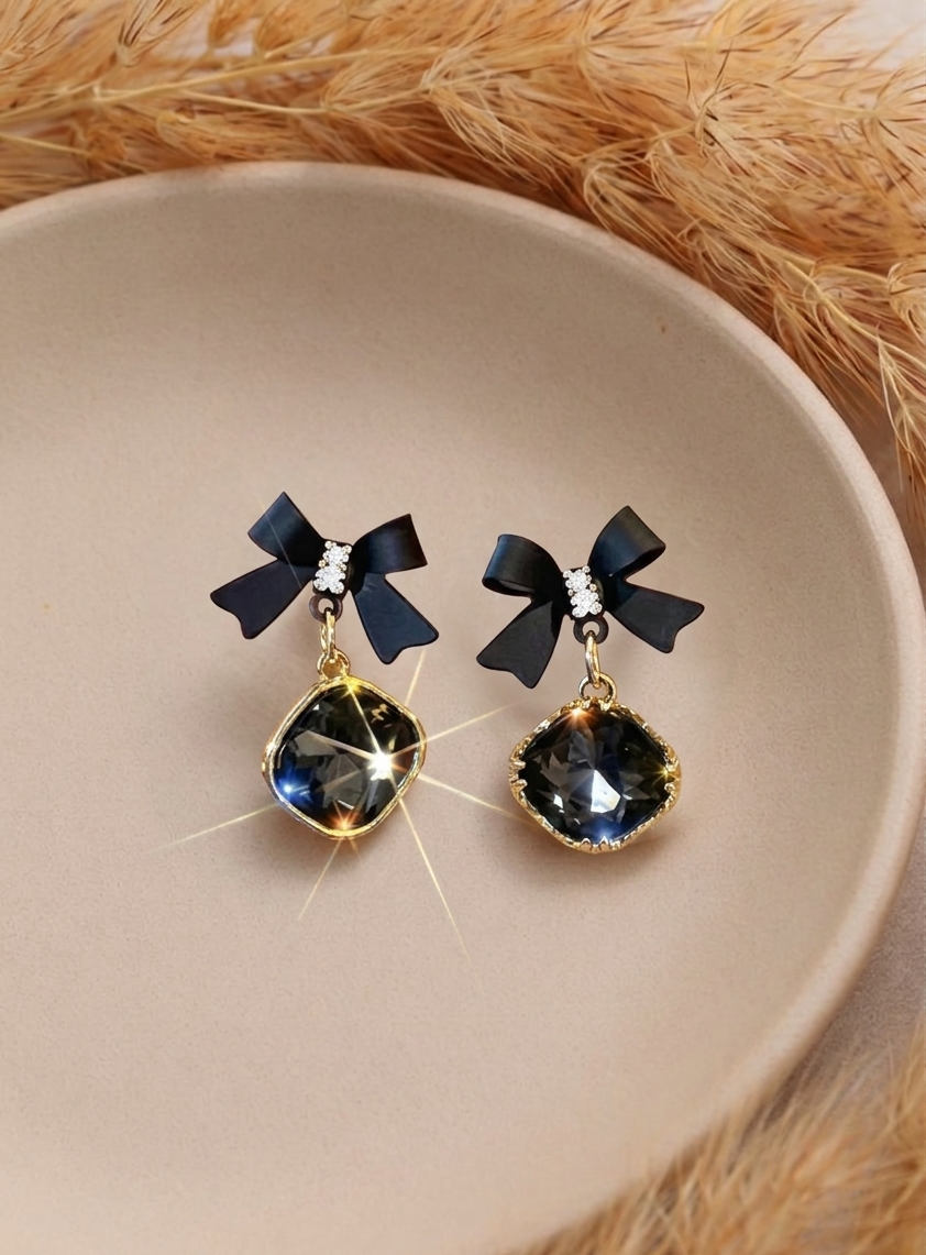 Black Bow Crystal Drop Earrings for Women | Gold Plated Square Stone Dangle Earrings | Elegant Party Jewelry