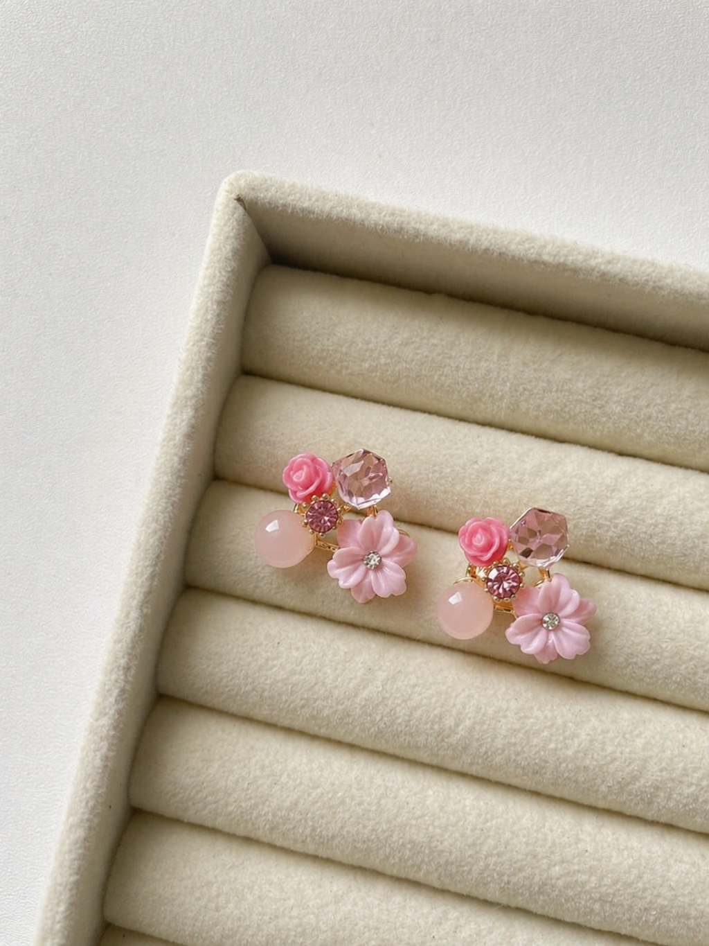 Pink Floral Crystal Stud Earrings for Women | Cute Rose & Daisy Design | Gold Plated Trendy Jewelry
