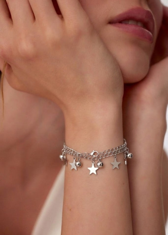 Silver Star Charm Bracelet – Minimalist Dangle Bead Chain Jewelry