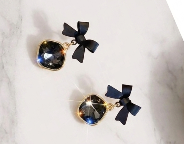 Black Bow Crystal Drop Earrings for Women | Gold Plated Square Stone Dangle Earrings | Elegant Party Jewelry