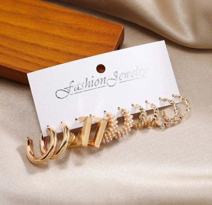 Trendy Gold Hoop Earrings Set for Women | Korean Style Pearl & Geometric Earrings Combo