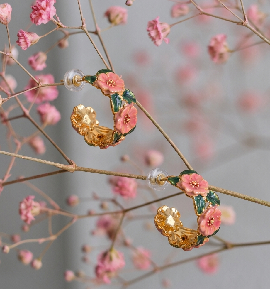 Pink Floral Hoop Earrings for Women | Gold Plated Enamel Flower Hoops | Elegant Nature-Inspired Jewelry