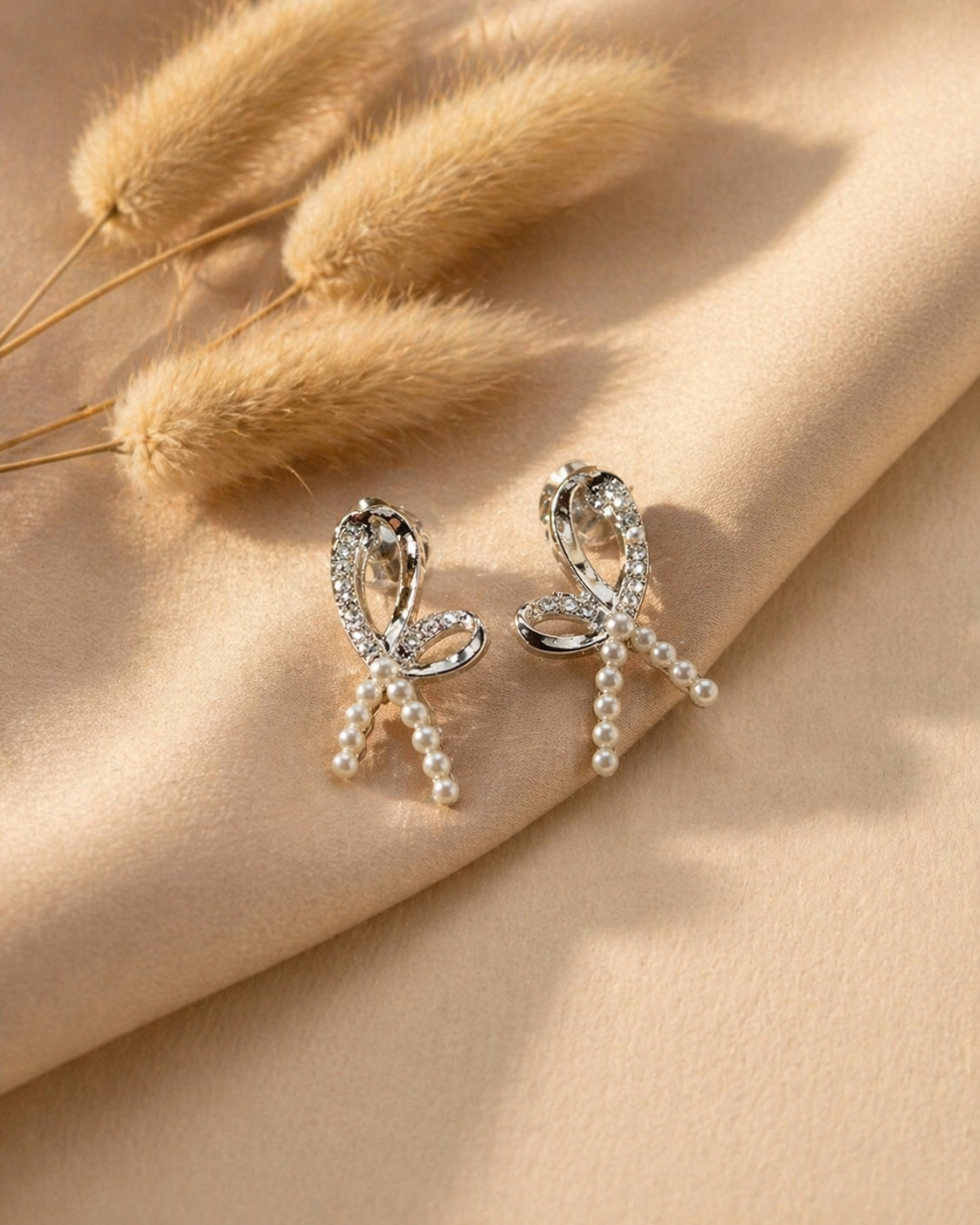 Crystal Bow Pearl Drop Earrings – Elegant Silver Ribbon Design Jewelry