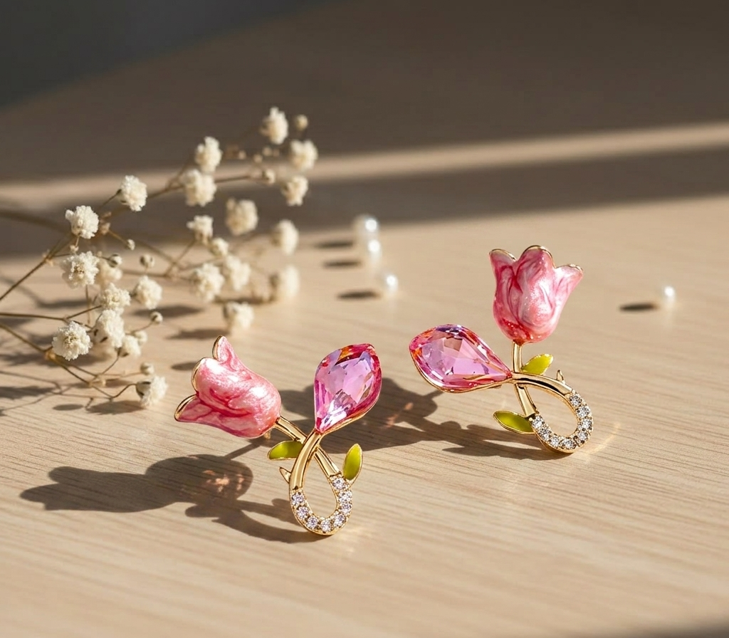 Pink Floral Crystal Earrings for Women | Gold Plated Elegant Flower Studs | Trendy Lightweight Jewelry
