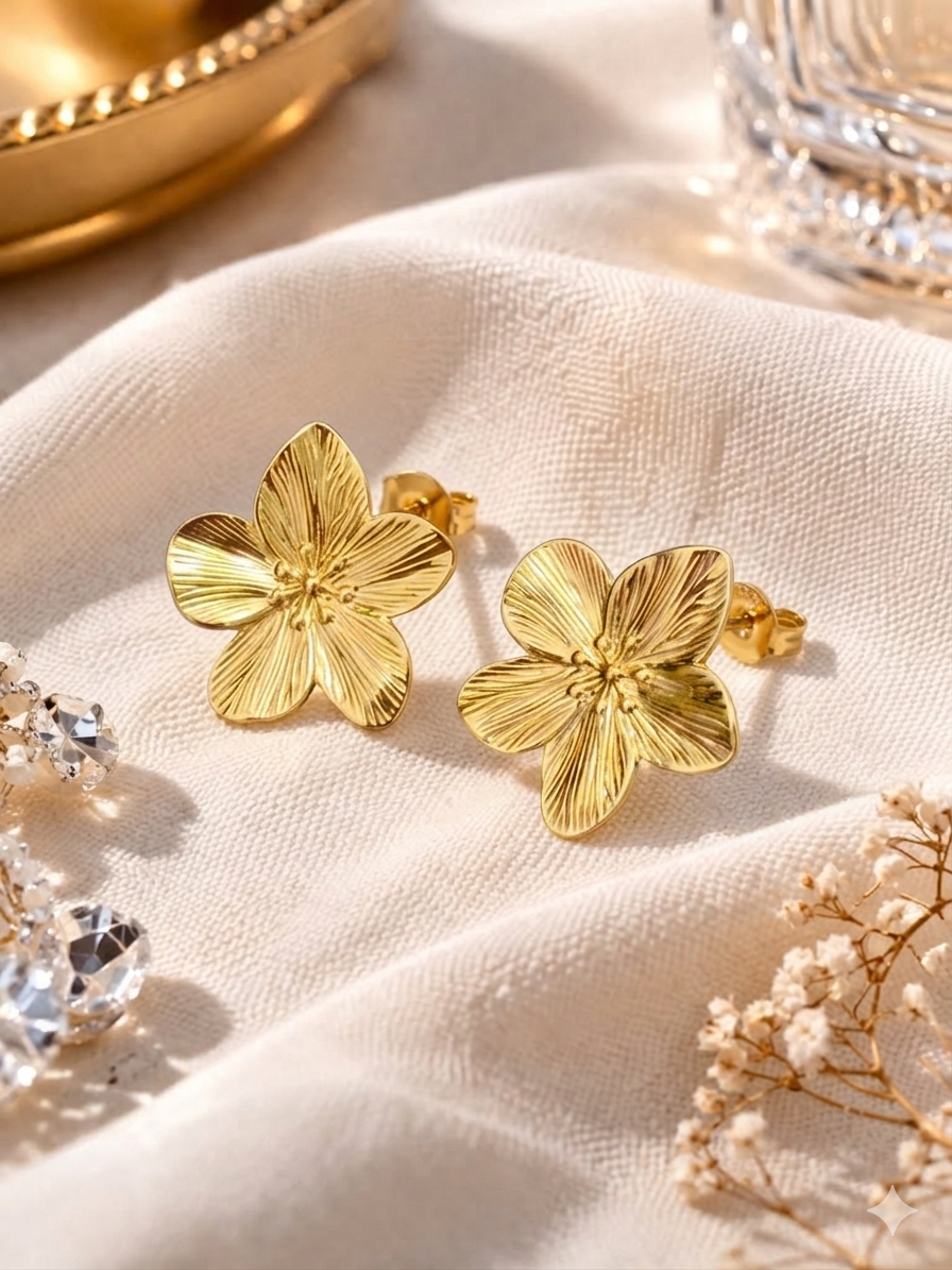 Gold Plated Floral Stud Earrings for Women | Elegant Flower Design Minimalist Jewelry | Lightweight Everyday Earrings