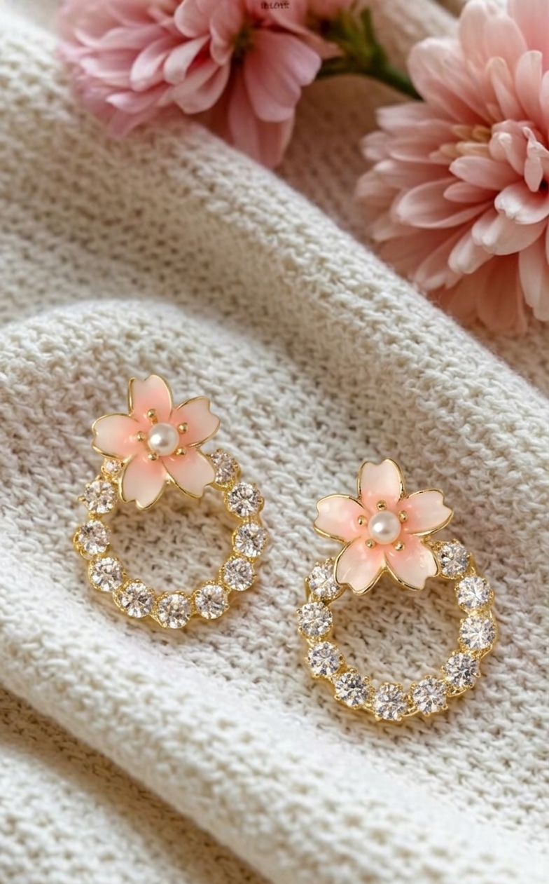 Elegant Pink Flower Crystal Earrings for Women | Gold Plated Korean Style Pearl Earrings