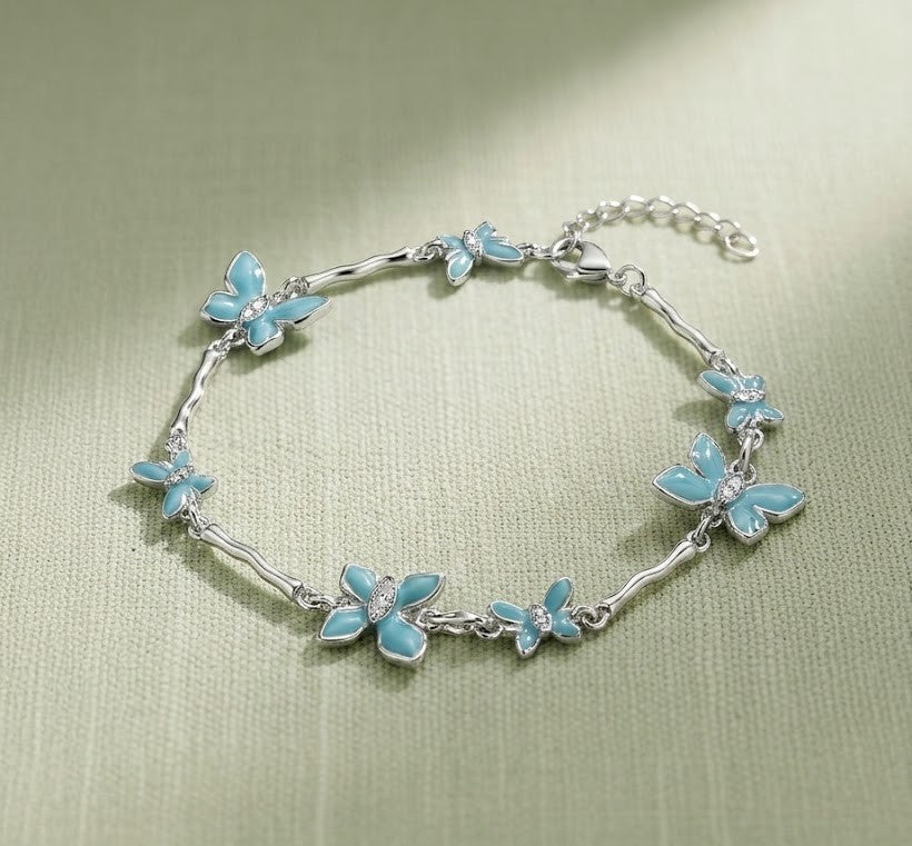 Butterfly Charm Bracelet – Blue Enamel Crystal Design | Adjustable Silver Chain Jewelry for Women
