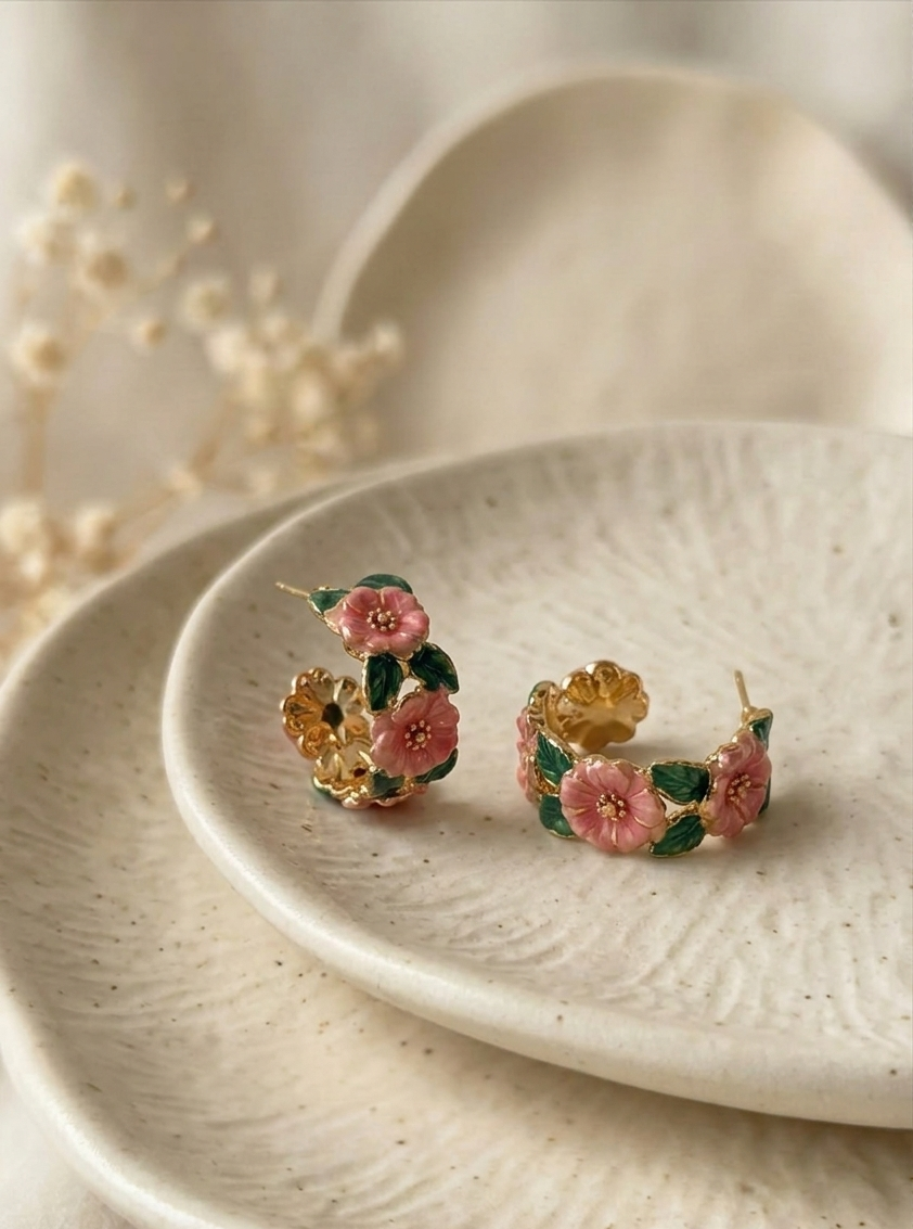 Pink Floral Hoop Earrings for Women | Gold Plated Enamel Flower Hoops | Elegant Nature-Inspired Jewelry