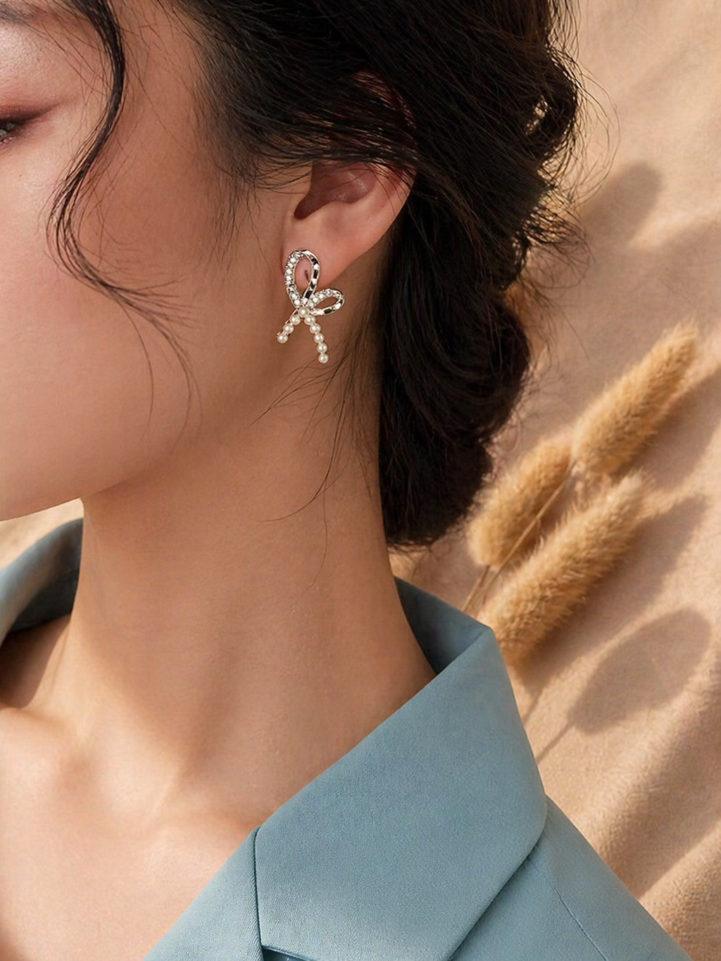Crystal Bow Pearl Drop Earrings – Elegant Silver Ribbon Design Jewelry