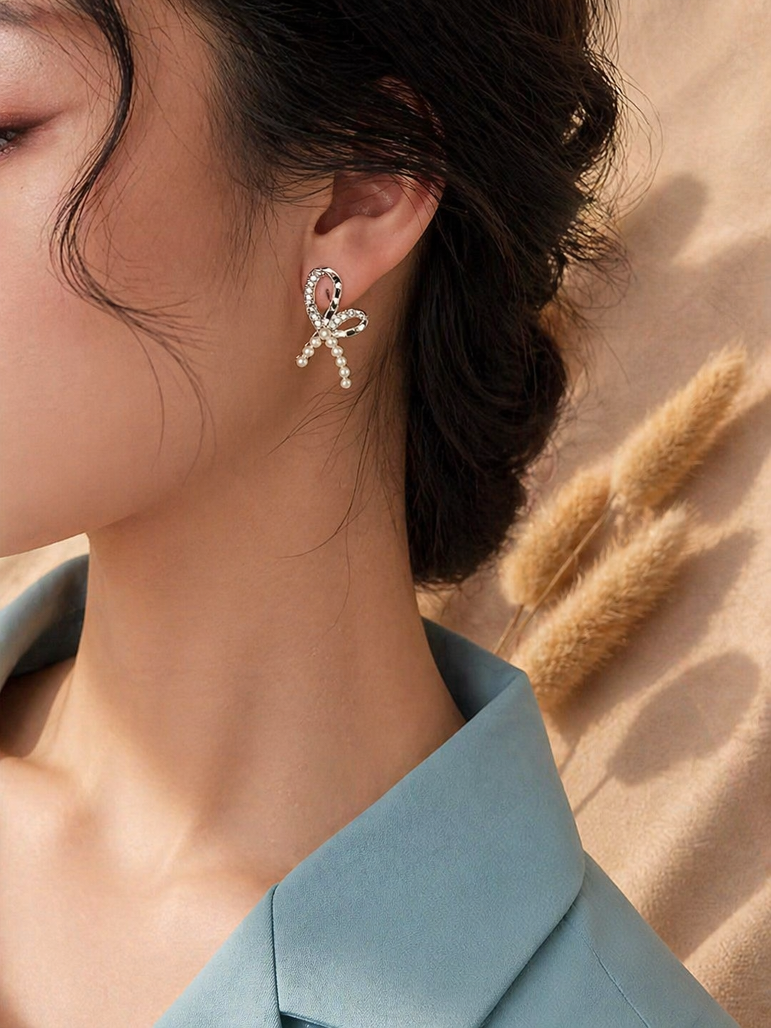 Crystal Bow Pearl Drop Earrings – Elegant Silver Ribbon Design Jewelry