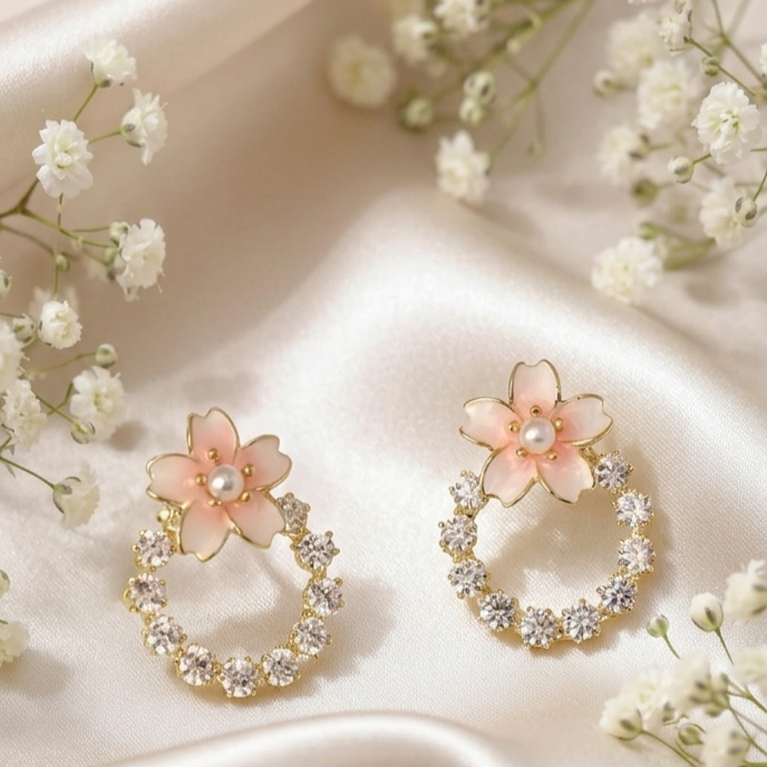 Elegant Pink Flower Crystal Earrings for Women | Gold Plated Korean Style Pearl Earrings