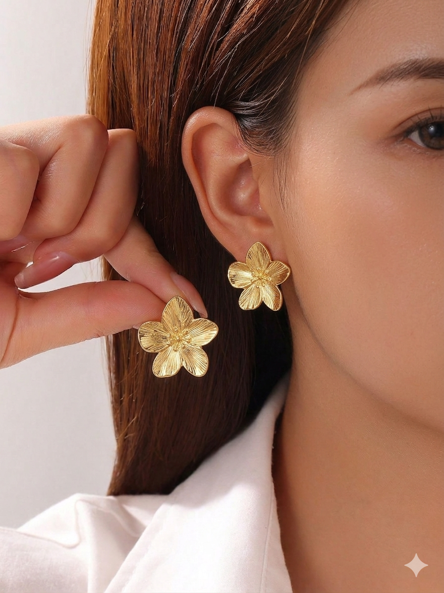 Gold Plated Floral Stud Earrings for Women | Elegant Flower Design Minimalist Jewelry | Lightweight Everyday Earrings