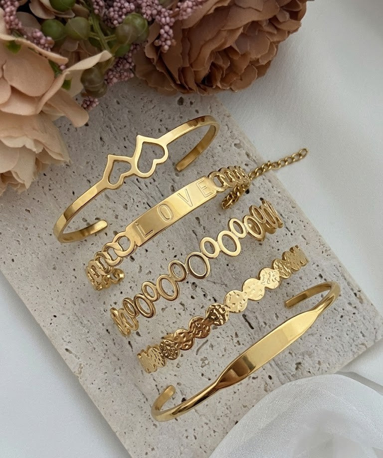 Anti-Tarnish Gold Bracelet Set (5 Pcs) for Women – Love Letter & Heart Cuff Stack | Minimalist Adjustable Bangle Jewelry