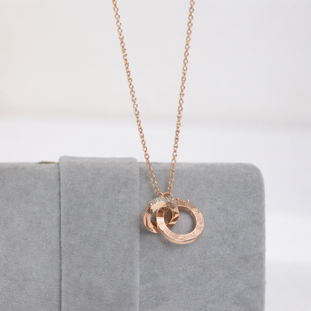 Anti-Tarnish Double Ring Pendant Necklace – Rose Gold Interlocking Circles | Minimalist Couple & Love Jewelry for Women