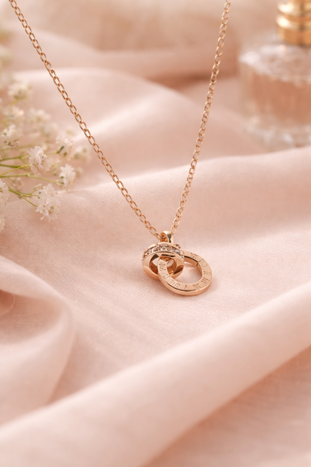 Anti-Tarnish Double Ring Pendant Necklace – Rose Gold Interlocking Circles | Minimalist Couple & Love Jewelry for Women