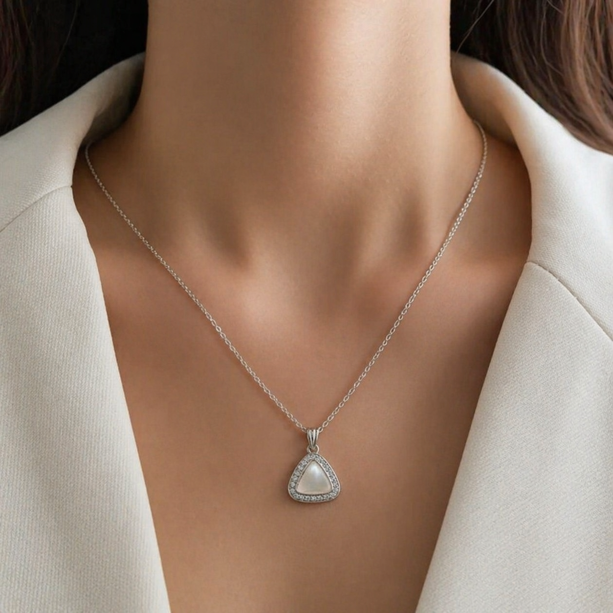 Elegant Silver Triangle Pendant Necklace for Women – Minimalist Crystal Jewelry
