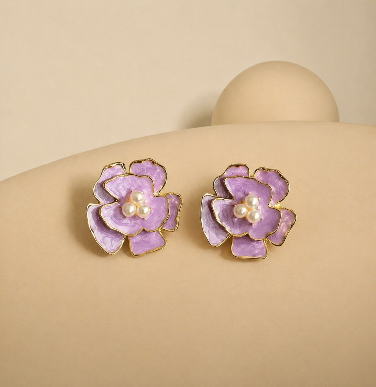Lavender Floral Stud Earrings with Pearl | Gold Plated Enamel Flower Earrings for Women | Elegant Minimal Jewelry