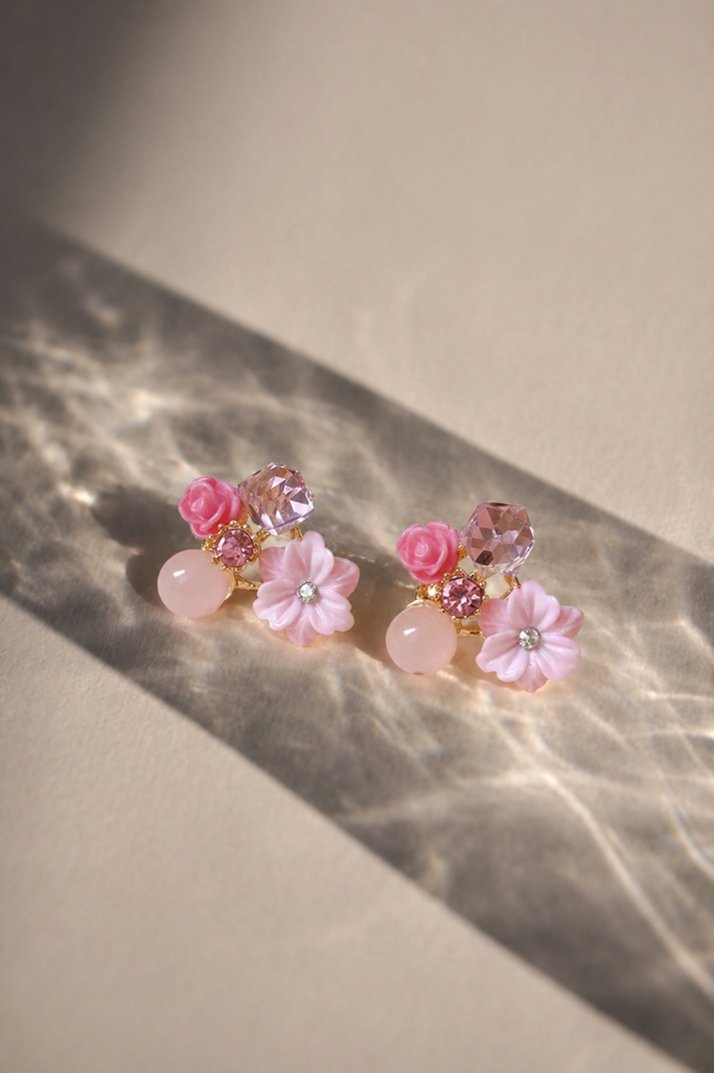 Pink Floral Crystal Stud Earrings for Women | Cute Rose & Daisy Design | Gold Plated Trendy Jewelry