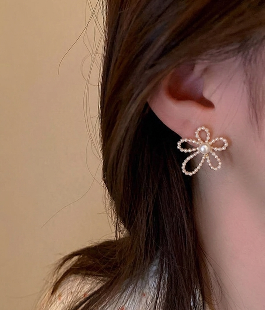 Pearl Flower Earrings for Women | Elegant Beaded Ribbon Design | Cute Minimal Party Jewelry