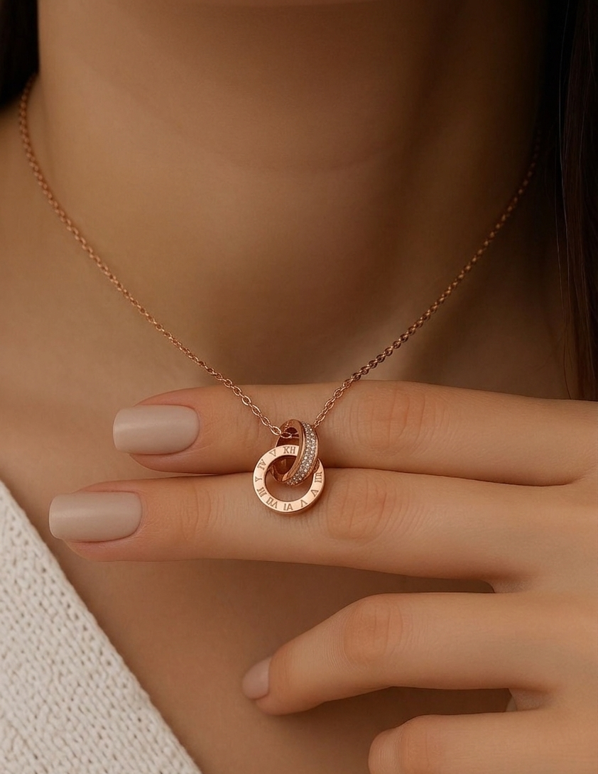 Anti-Tarnish Double Ring Pendant Necklace – Rose Gold Interlocking Circles | Minimalist Couple & Love Jewelry for Women