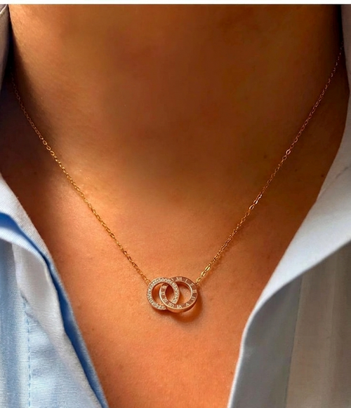 Anti-Tarnish Double Ring Pendant Necklace – Rose Gold Interlocking Circles | Minimalist Couple & Love Jewelry for Women