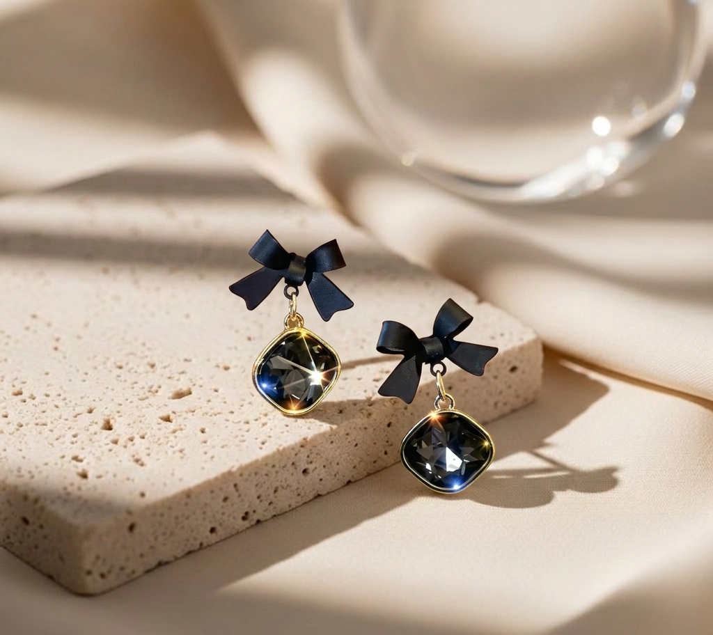 Black Bow Crystal Drop Earrings for Women | Gold Plated Square Stone Dangle Earrings | Elegant Party Jewelry