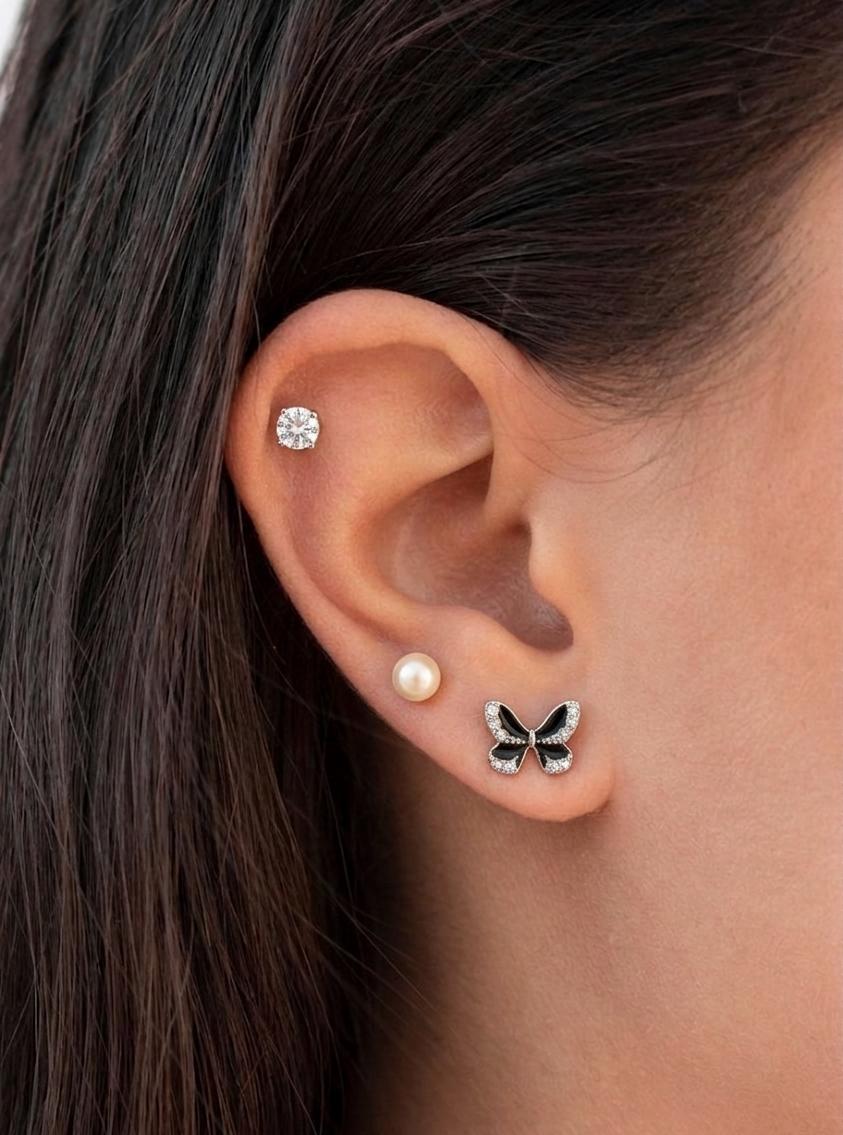 Stud Earrings Set (3 Pcs) – Crystal, Pearl & Butterfly Design | Elegant Minimal Jewelry for Women
