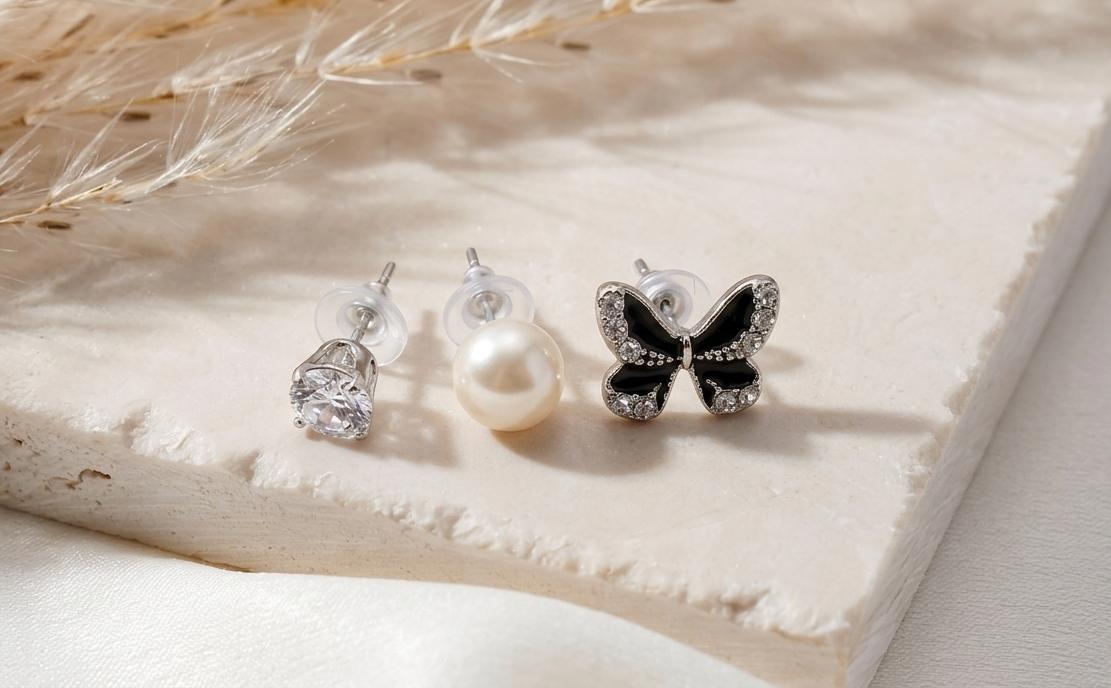 Stud Earrings Set (3 Pcs) – Crystal, Pearl & Butterfly Design | Elegant Minimal Jewelry for Women