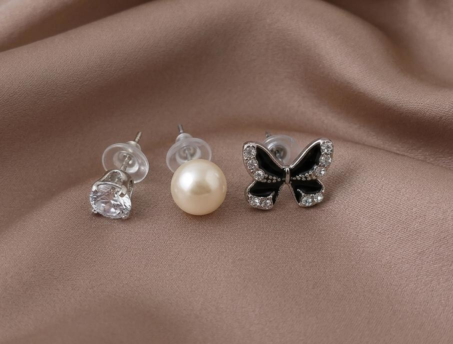 Stud Earrings Set (3 Pcs) – Crystal, Pearl & Butterfly Design | Elegant Minimal Jewelry for Women