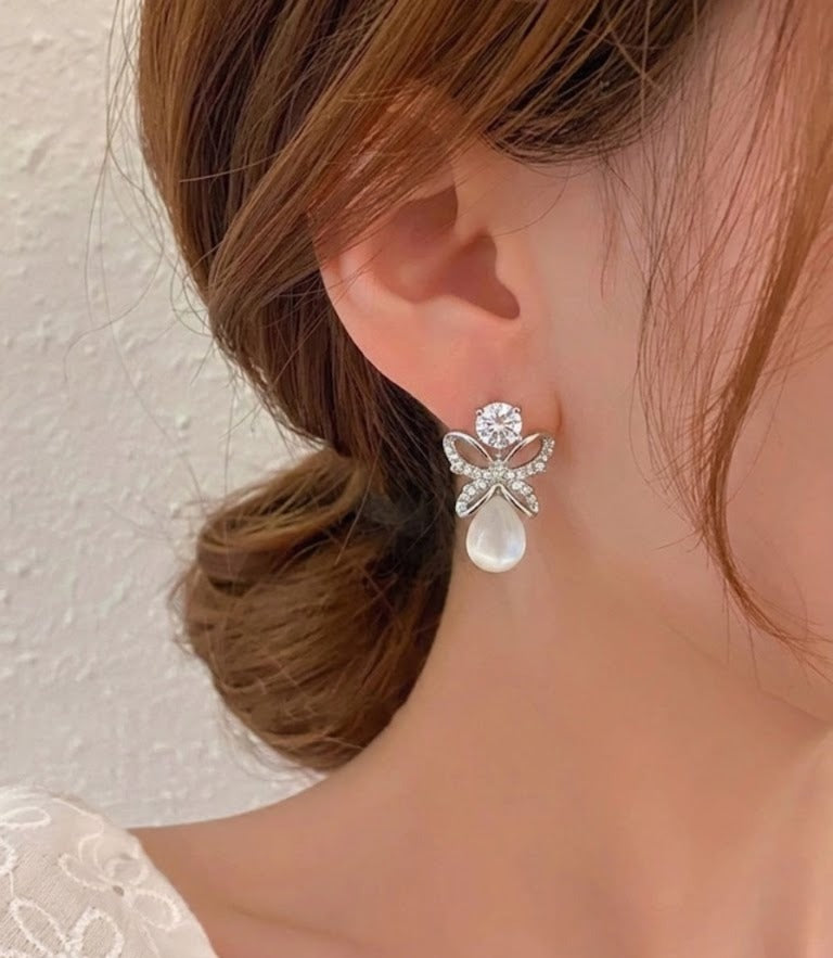 Bow Pearl Drop Earrings – Crystal Stud & Teardrop Design | Elegant Party & Wedding Jewelry for Women