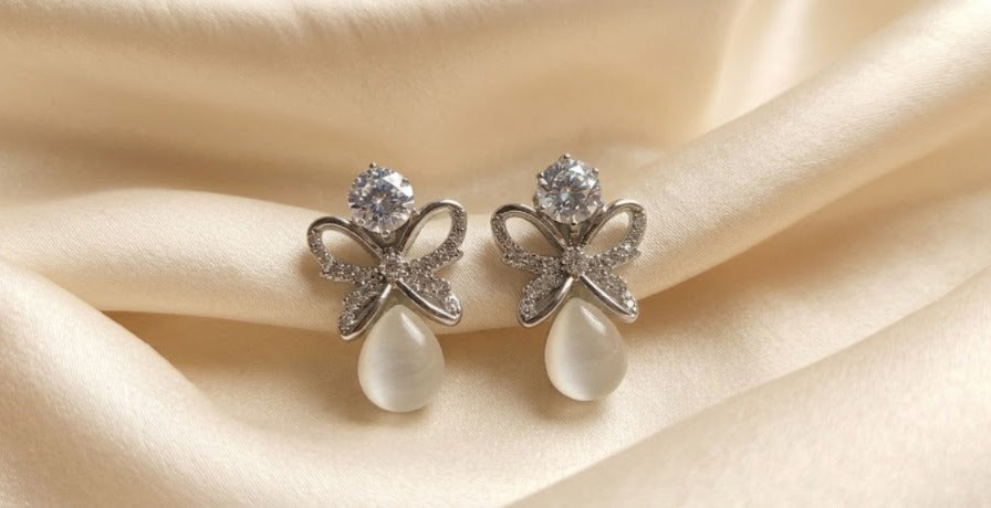 Bow Pearl Drop Earrings – Crystal Stud & Teardrop Design | Elegant Party & Wedding Jewelry for Women