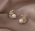Gold Pearl Stud Earrings – Leaf Design with Crystal Accents | Elegant Minimal Jewelry for Women
